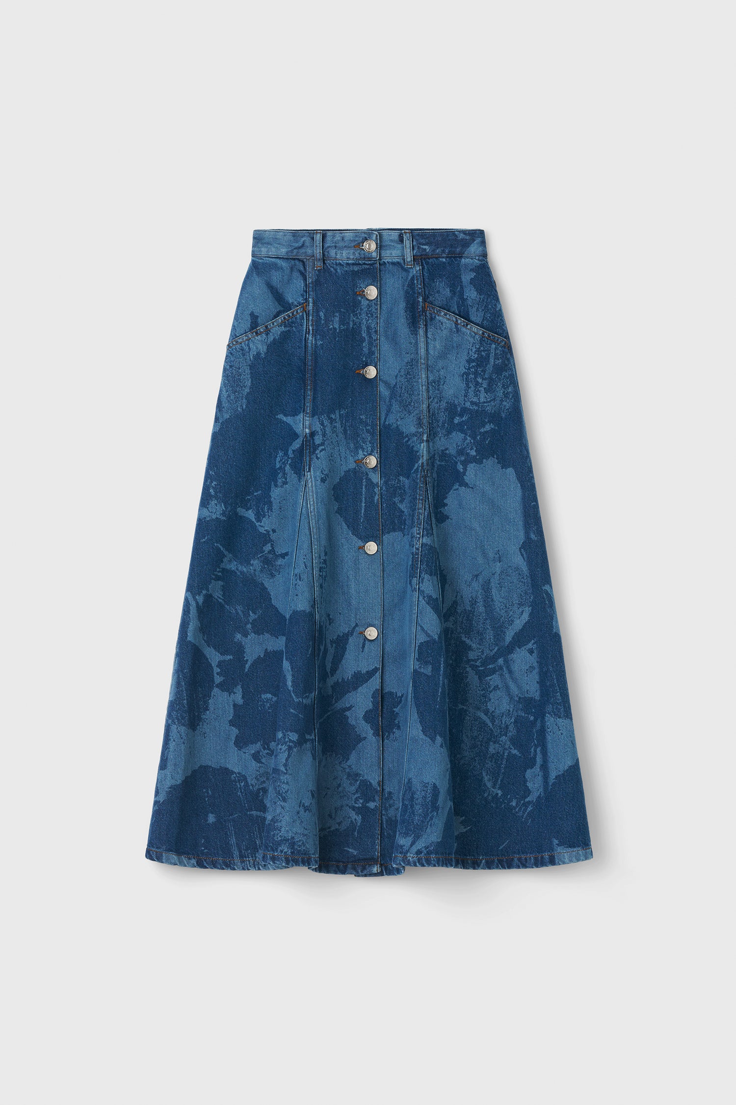 The London mid-calf printed denim skirt