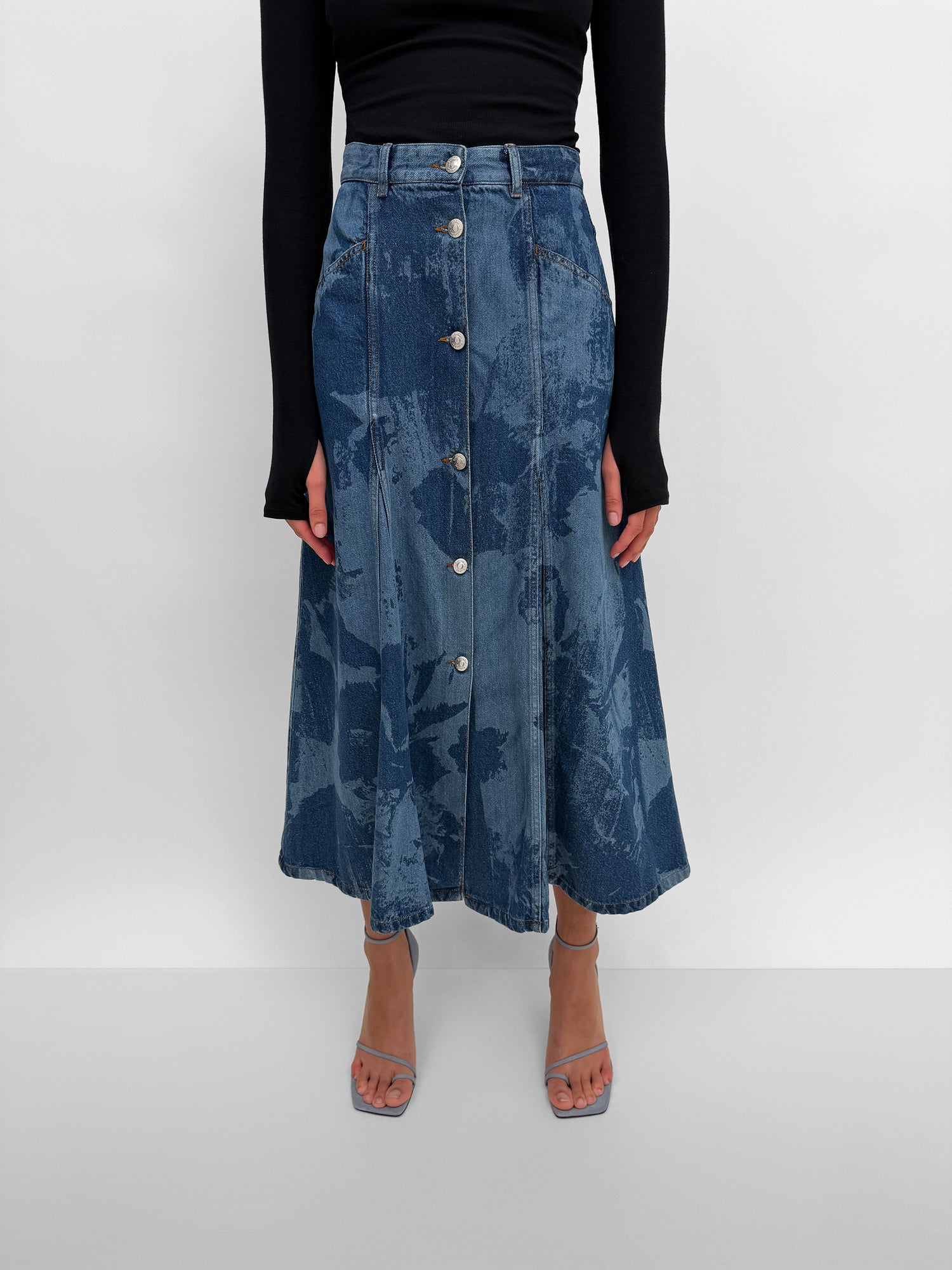 The London mid-calf printed denim skirt