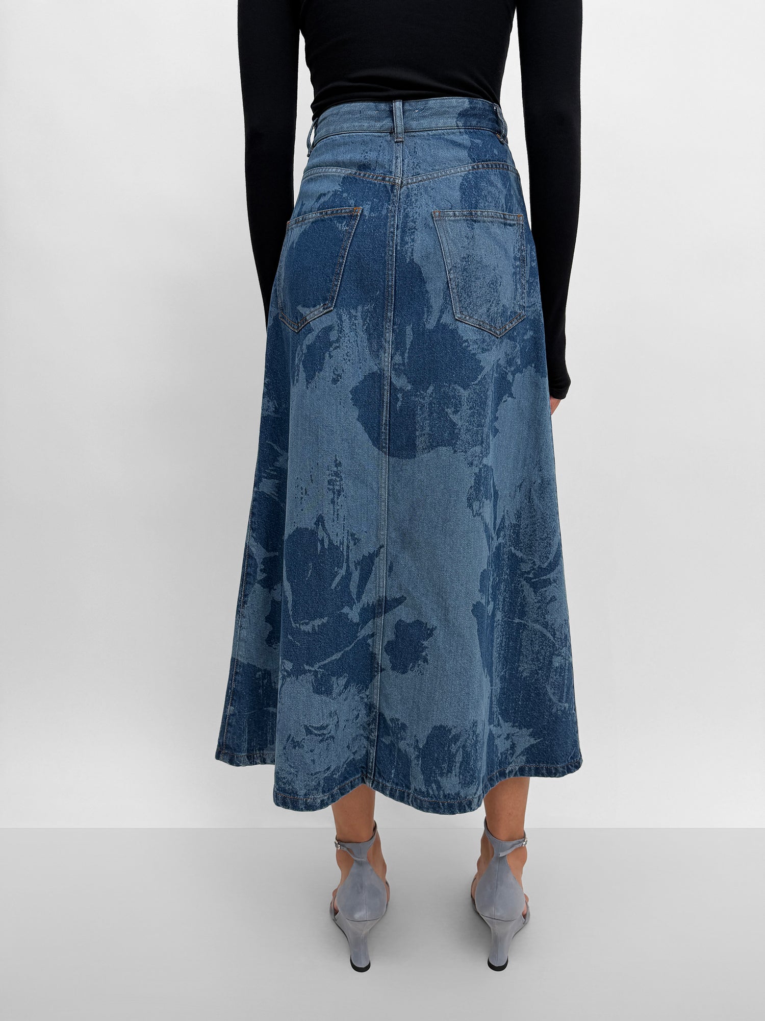 The London mid-calf printed denim skirt