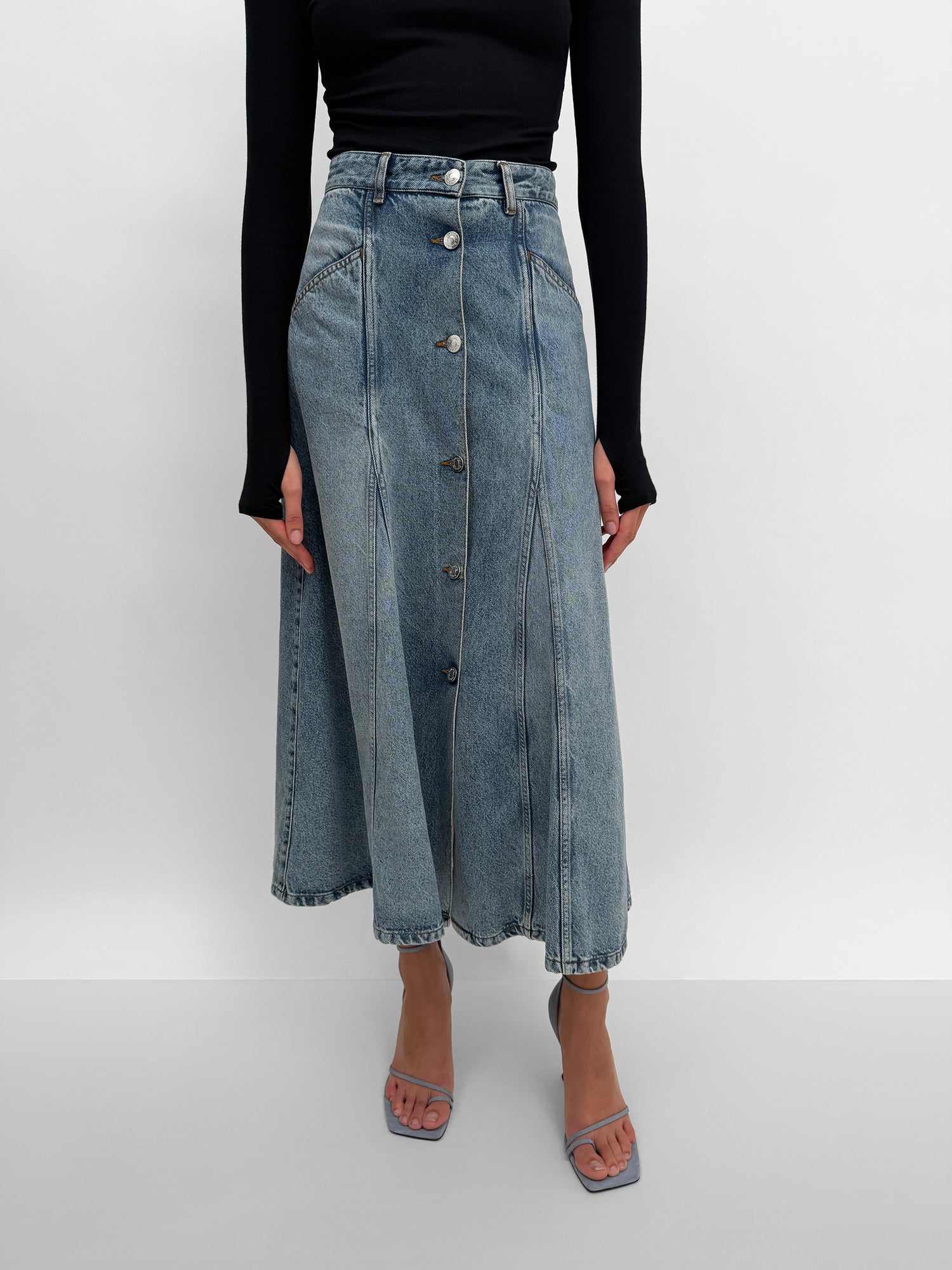 The London mid-calf denim skirt
