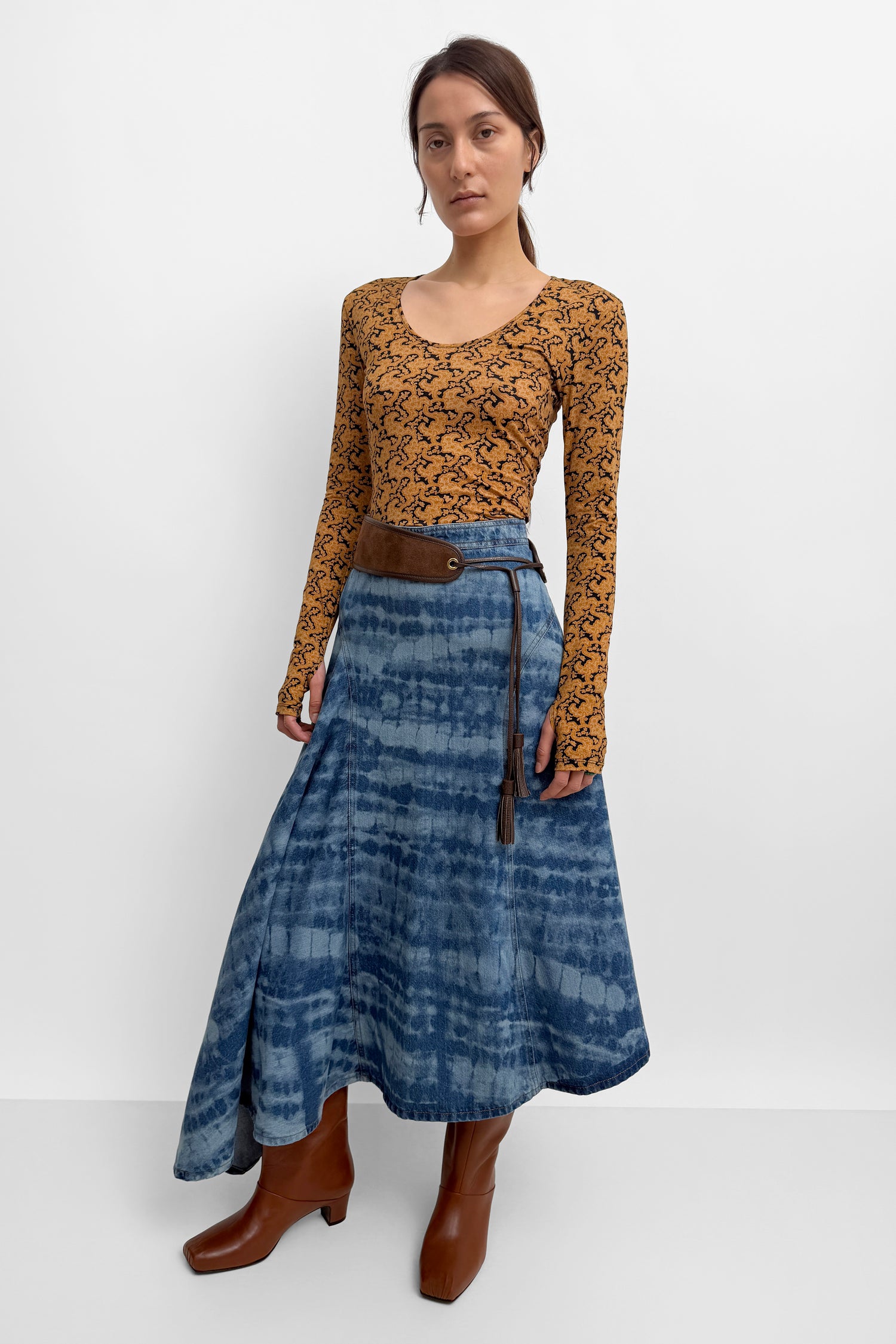 The Sween assymetric printed denim skirt