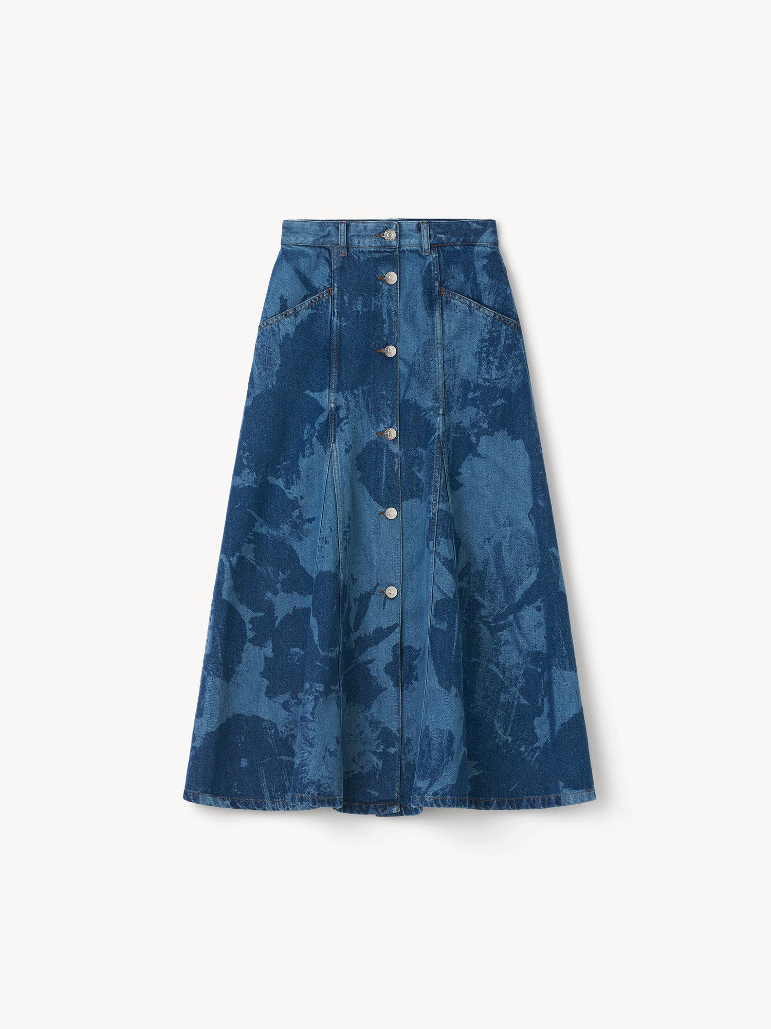 The London mid-calf printed denim skirt